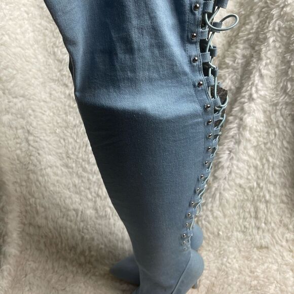 Elegant Collection Denim thigh high back lace up heels boots Size 6 - Picture 4 of 10